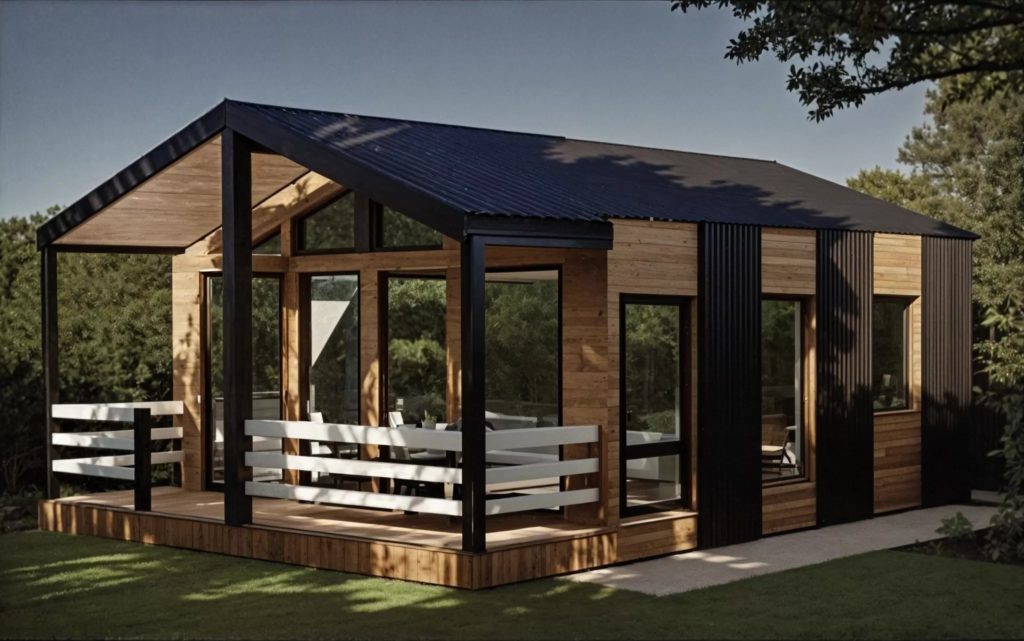 Современный небольшой дом с большими стеклянными окнами, черным металлическим и деревянным сайдингом и крытым крыльцом с белыми перилами — идеальный пример каркасного дома в Московской области, расположенного в пышном, зеленом лесу.